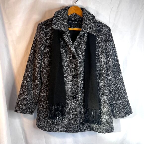 London Fog Tweed Wool Blend Peacoat w/ Scarf Single Breasted Size Large Classic - Picture 11 of 11